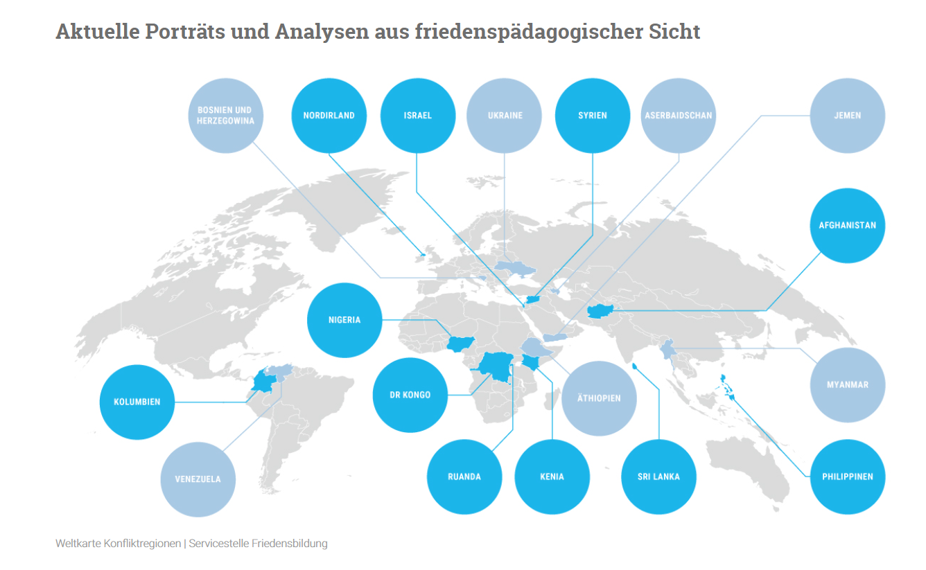 Die Servicestelle Friedensbildung Baden-Württemberg hat Konfliktanalysen aus friedenpädagogischer Sicht für zahlreiche Länder weltweit erstellt – u.a. für Afghanistan, Syrien oder die Ukraine.
