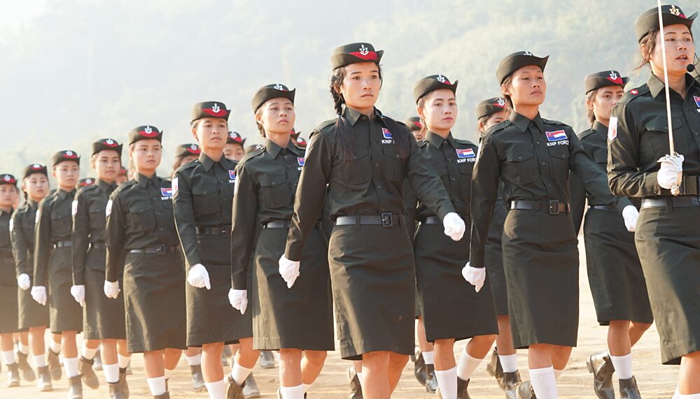 THE KAREN NATIONAL LIBERATION ARMY (KNLA) marching in formation.