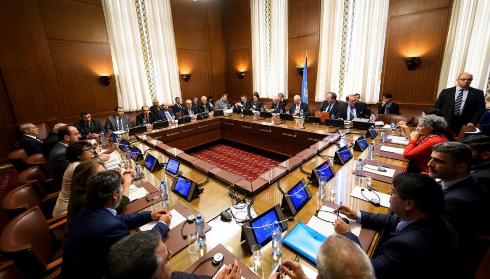 This Friday, May 19, 2017 file photo, general view during a meeting of a delegation of Syria's main opposition High Negotiations Committee (HNC) with UN Special Envoy for Syria during peace talks, at the United Nations Offices in Geneva, Switzerland. Much has changed since Syria's warring sides held the last round of UN-brokered talks in Geneva in the summer: The U.N. is sidestepping the divisive question of President Bashar Assad's future, the Islamic State group has been defeated in all its strongholds, and Russia, Iran, Turkey and the U.S. have engaged in high level diplomacy that has largely frozen the lines of conflict.